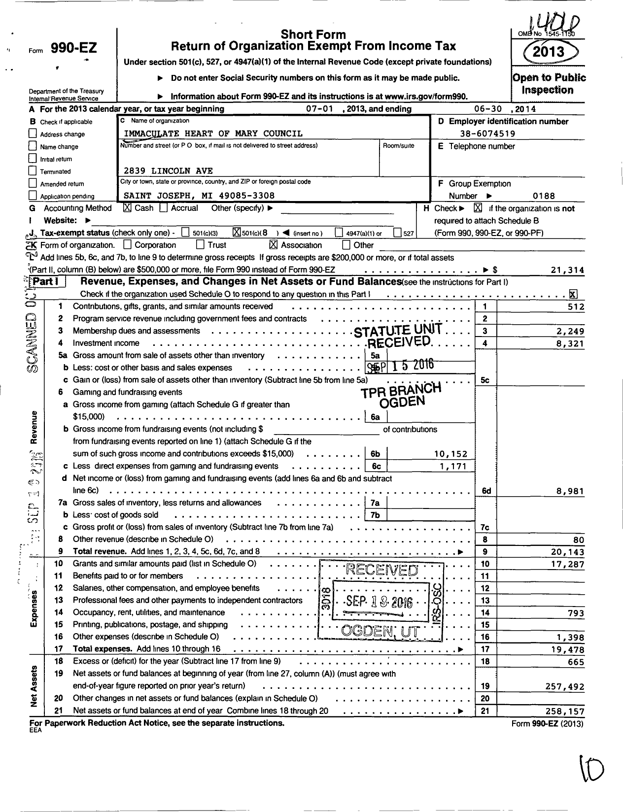 Image of first page of 2013 Form 990EO for Immaculate Heart of Mary Council No 1120 Knights of Columbus