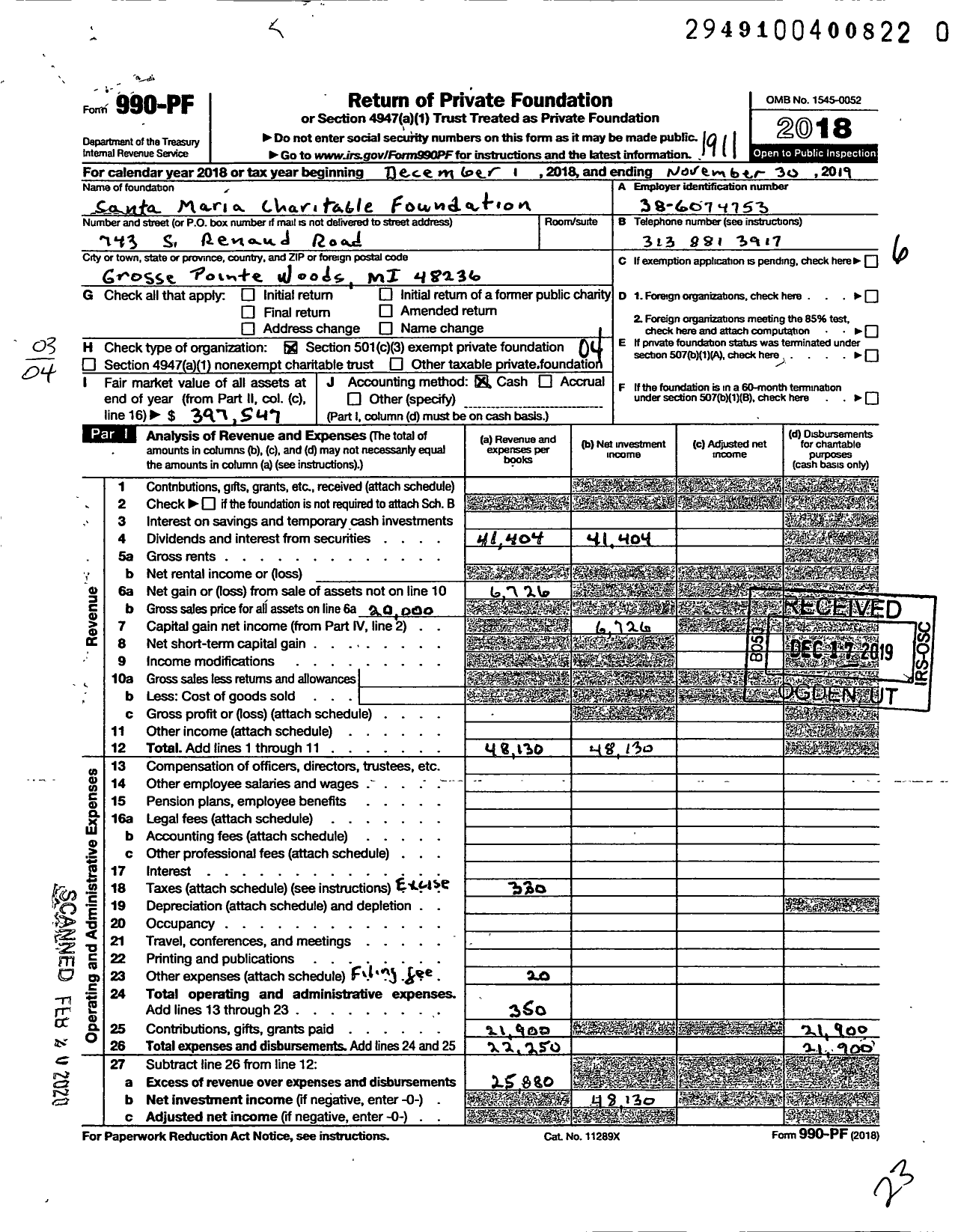 Image of first page of 2018 Form 990PR for Santa Maria Charitable Foundation