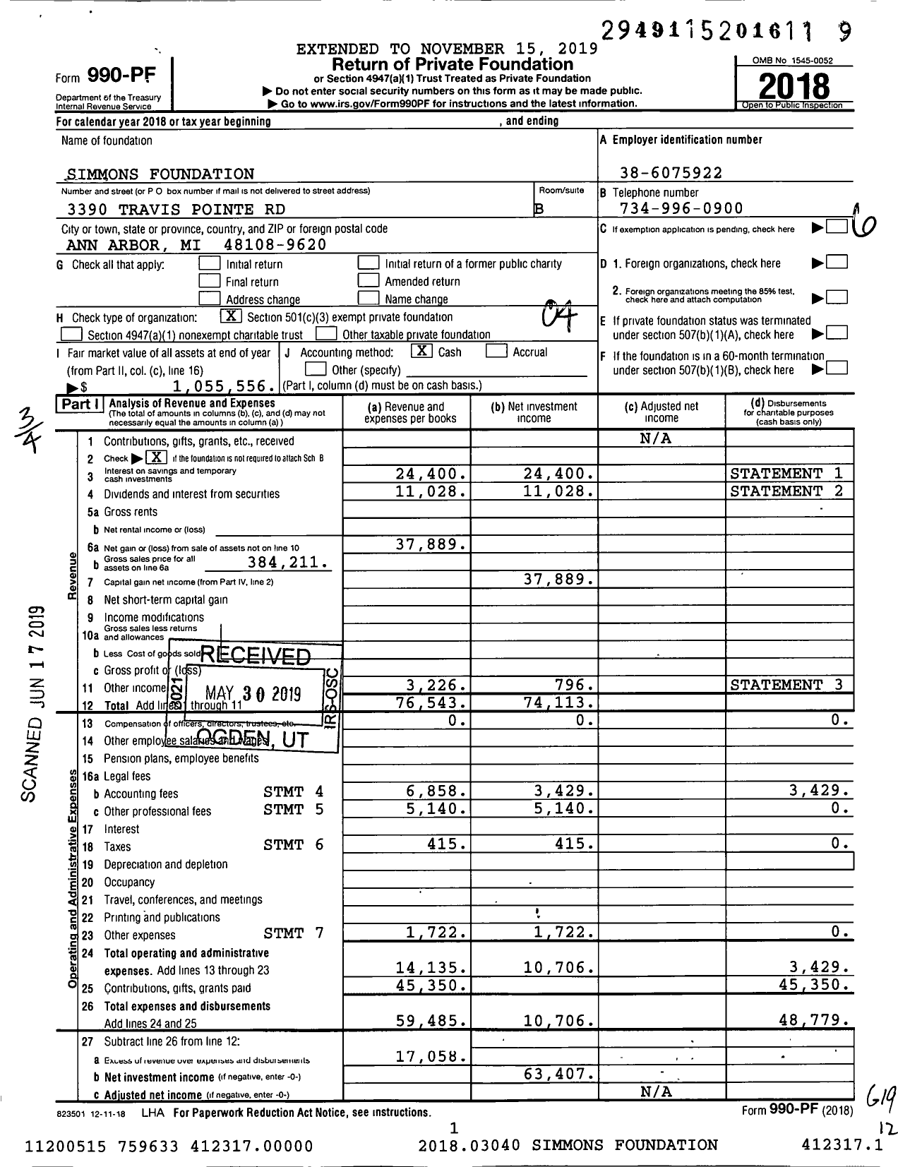 Image of first page of 2018 Form 990PF for Simmons Foundation