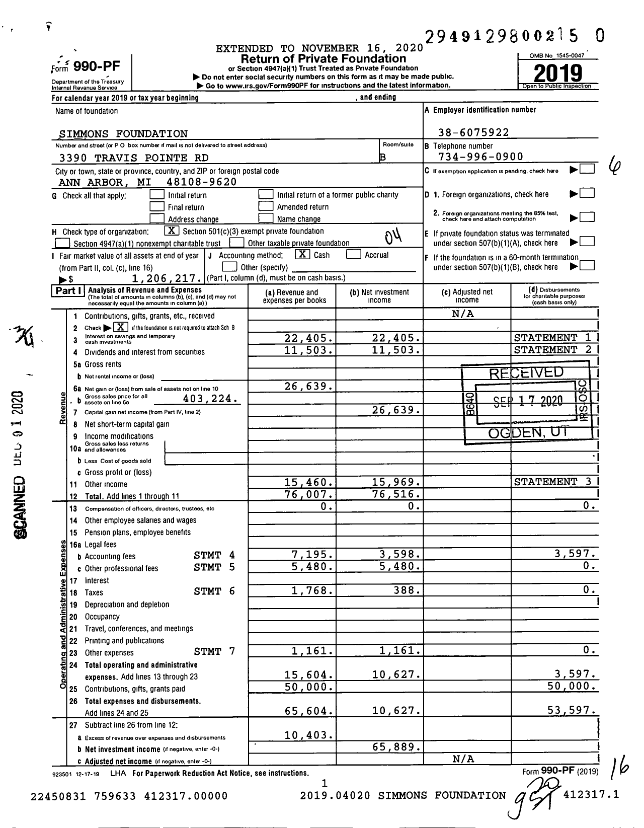 Image of first page of 2019 Form 990PF for Simmons Foundation