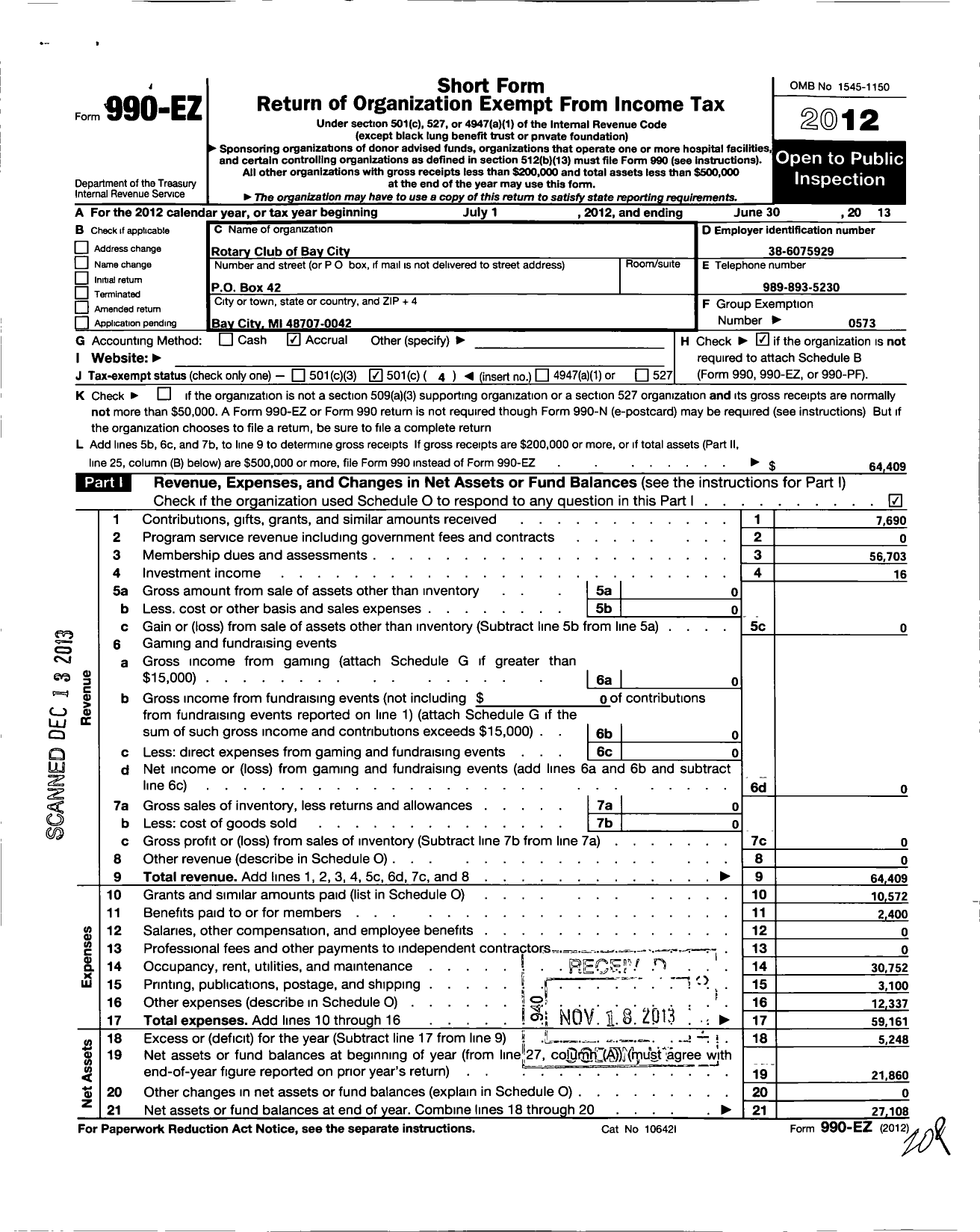 Image of first page of 2012 Form 990EO for Rotary International - Bay City Rotary Club