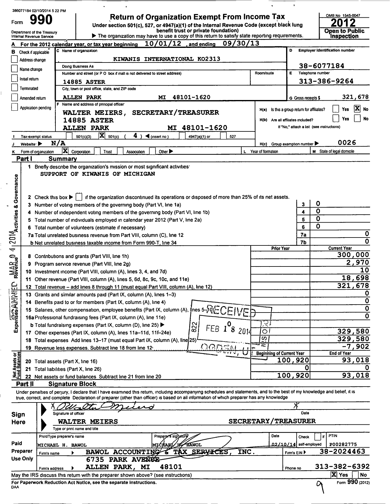 Image of first page of 2012 Form 990O for Kiwanis International - K02313 Kiwanis Club Allen Park