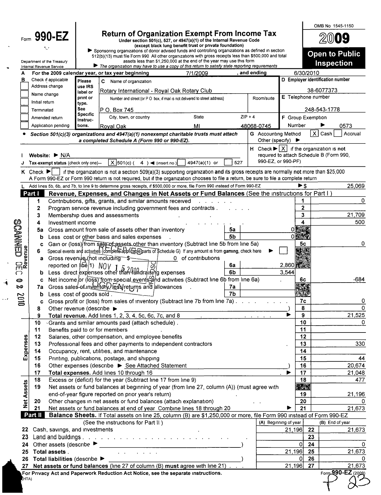 Image of first page of 2009 Form 990EO for Rotary International - Royal Oak Rotary Club