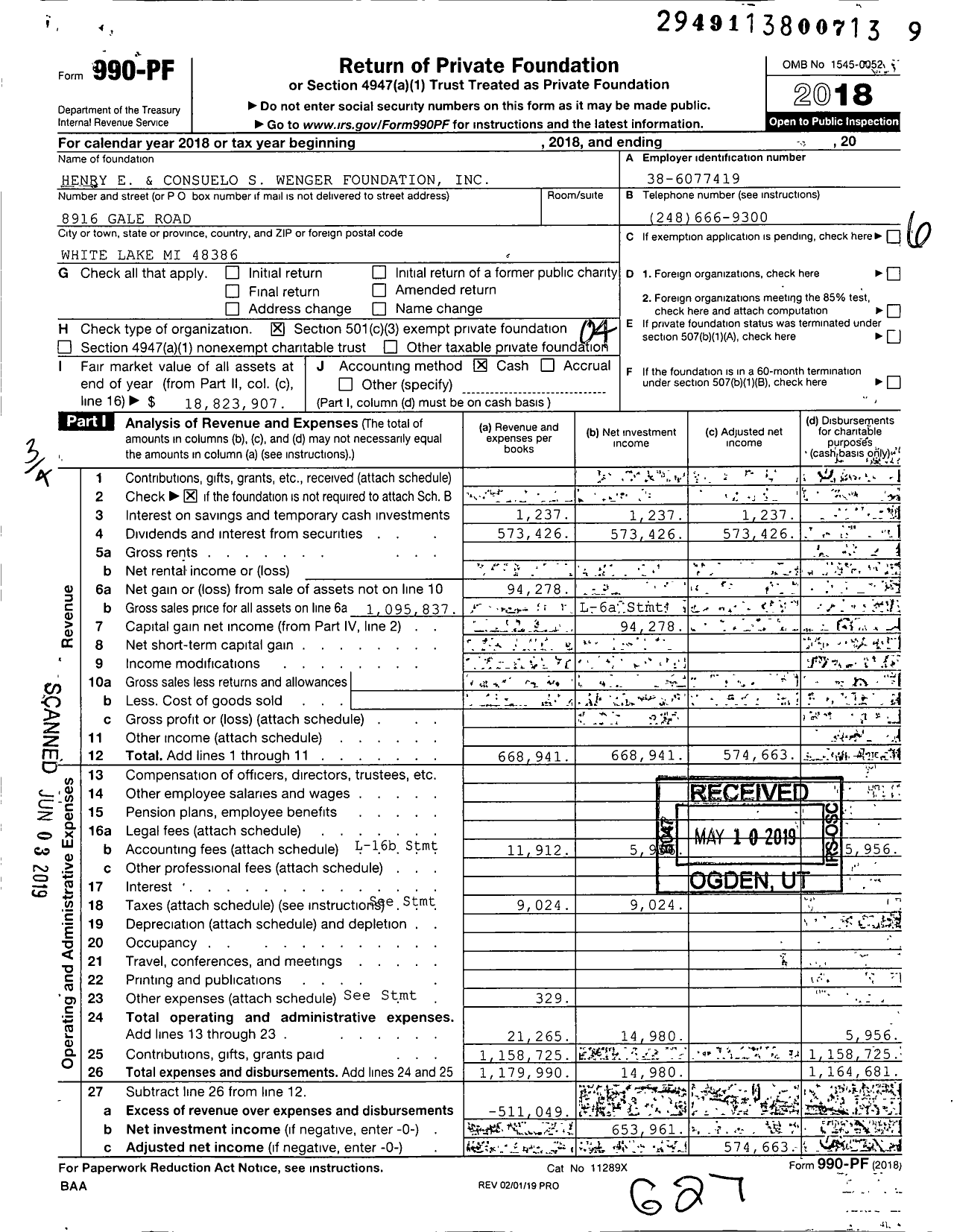 Image of first page of 2018 Form 990PF for Henry E and Consuelo S Wenger Foundation