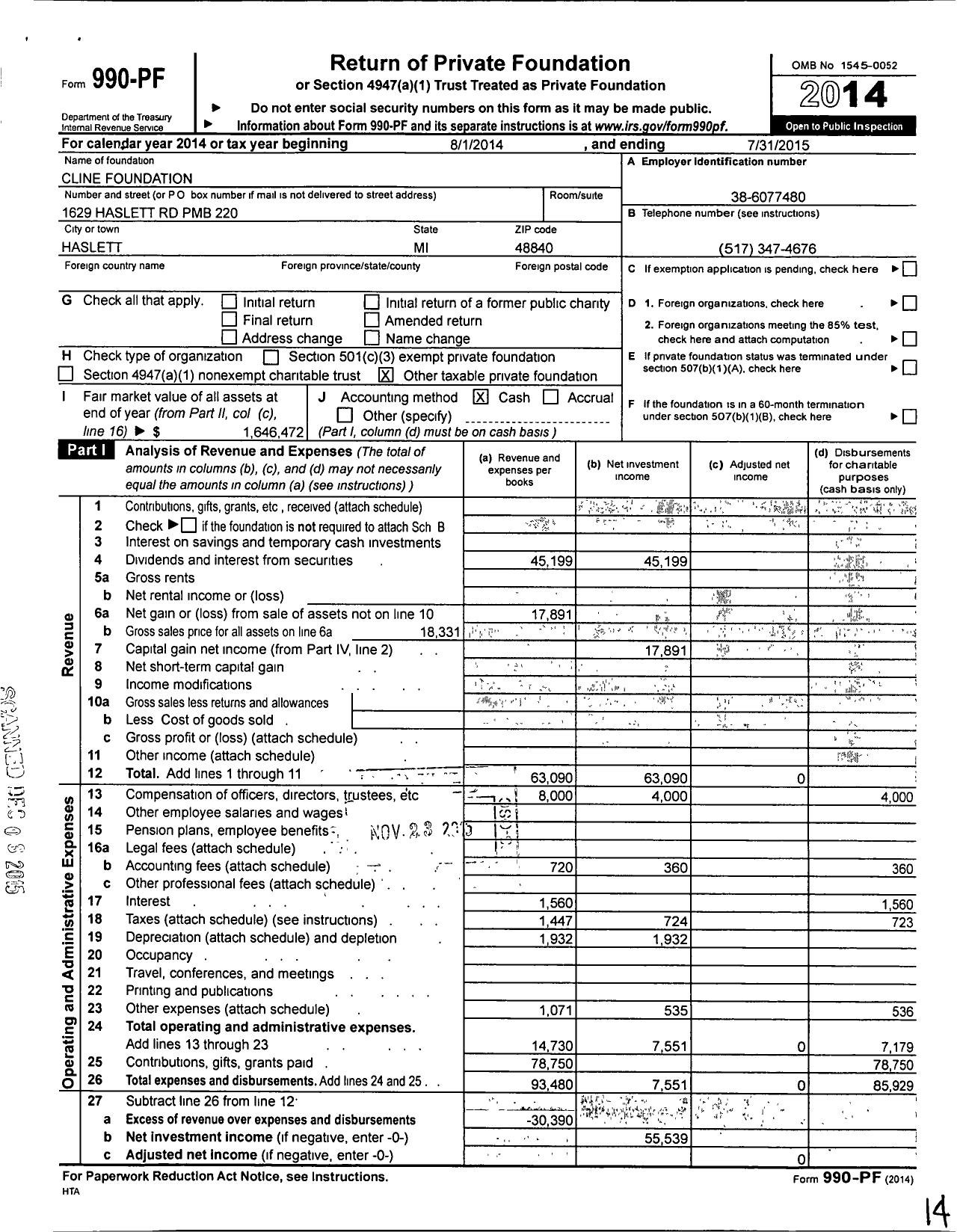 Image of first page of 2014 Form 990PF for Cline Foundation