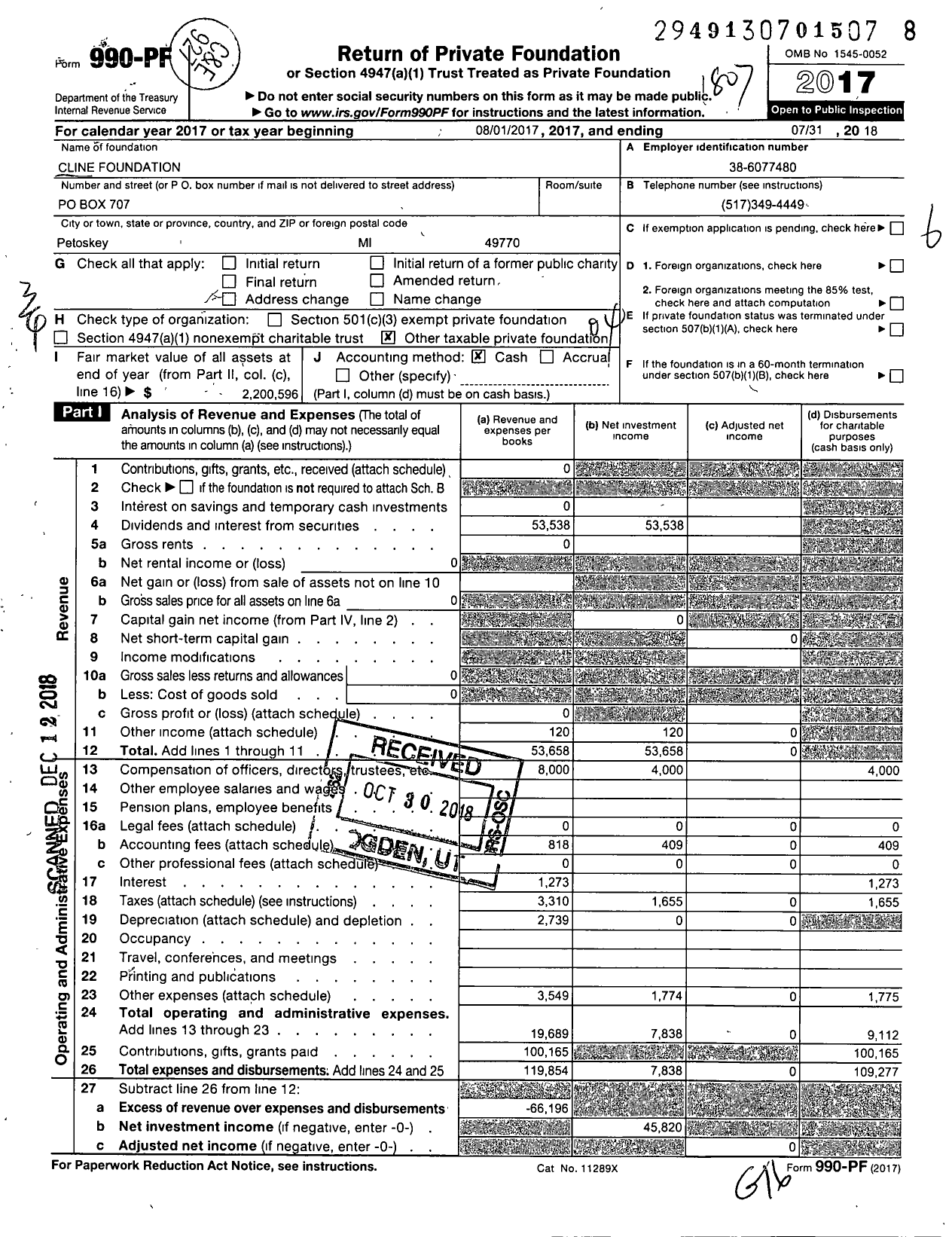 Image of first page of 2017 Form 990PF for Cline Foundation