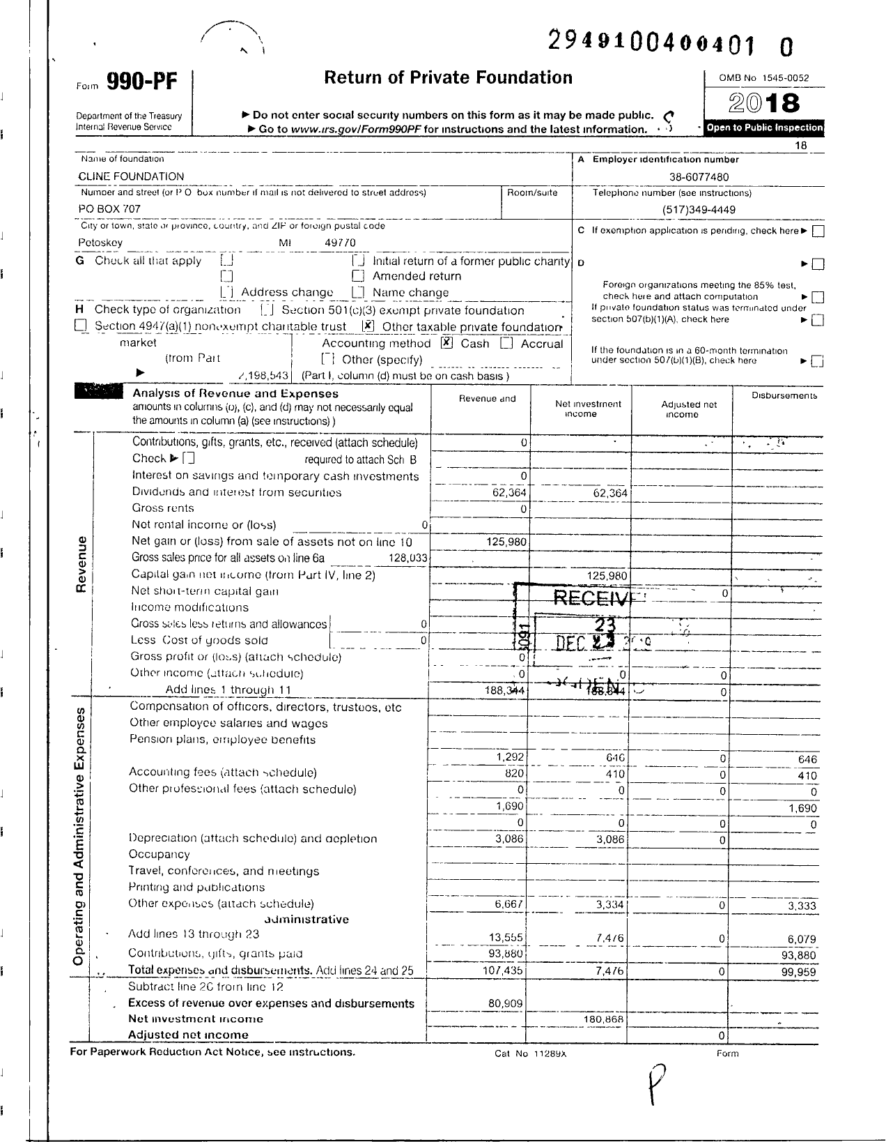 Image of first page of 2018 Form 990PF for Cline Foundation