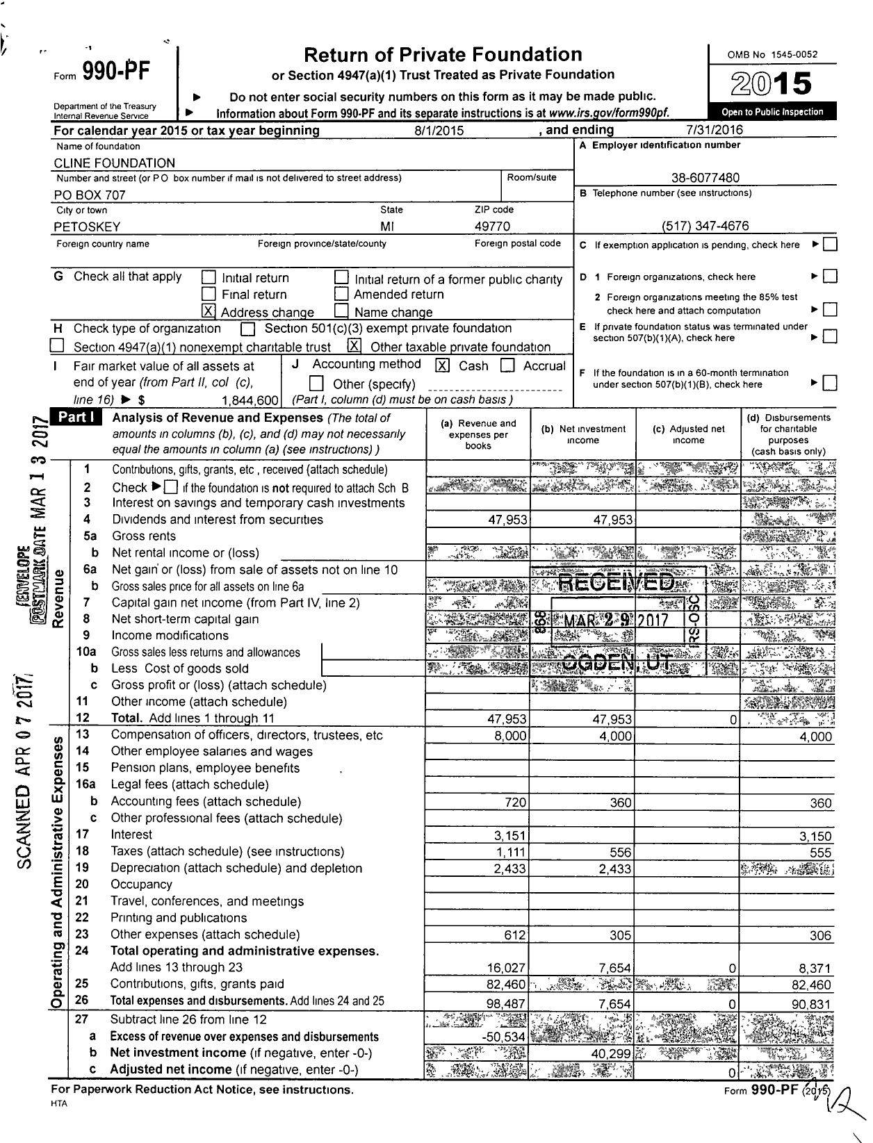 Image of first page of 2015 Form 990PF for Cline Foundation