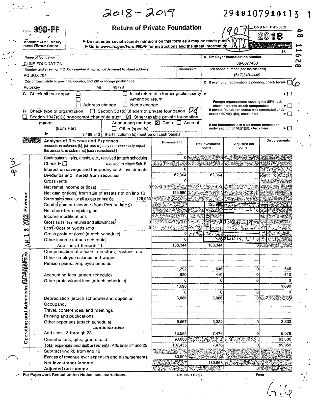 Image of first page of 2018 Form 990PF for Cline Foundation