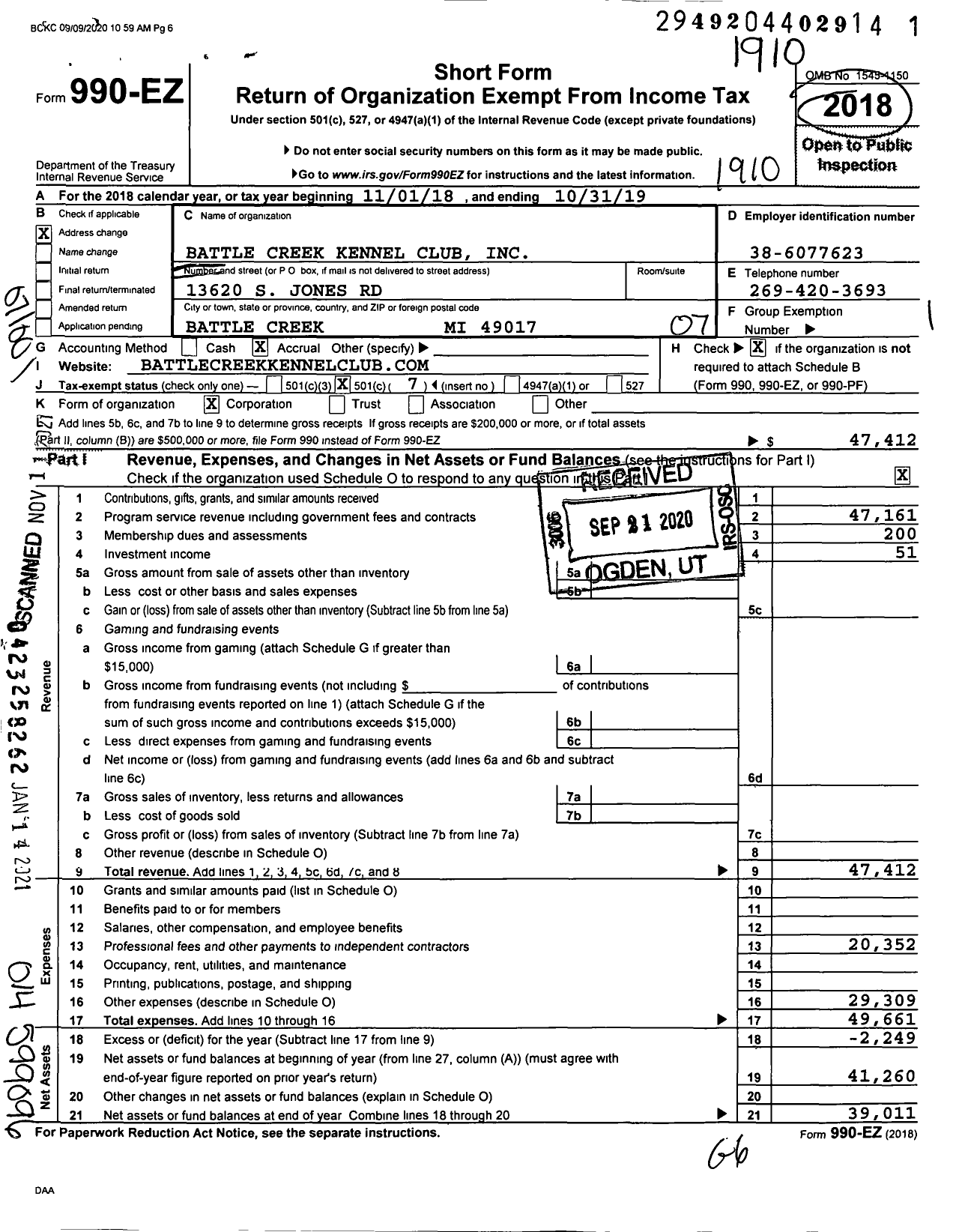 Image of first page of 2018 Form 990EO for Battle Creek Kennel Club