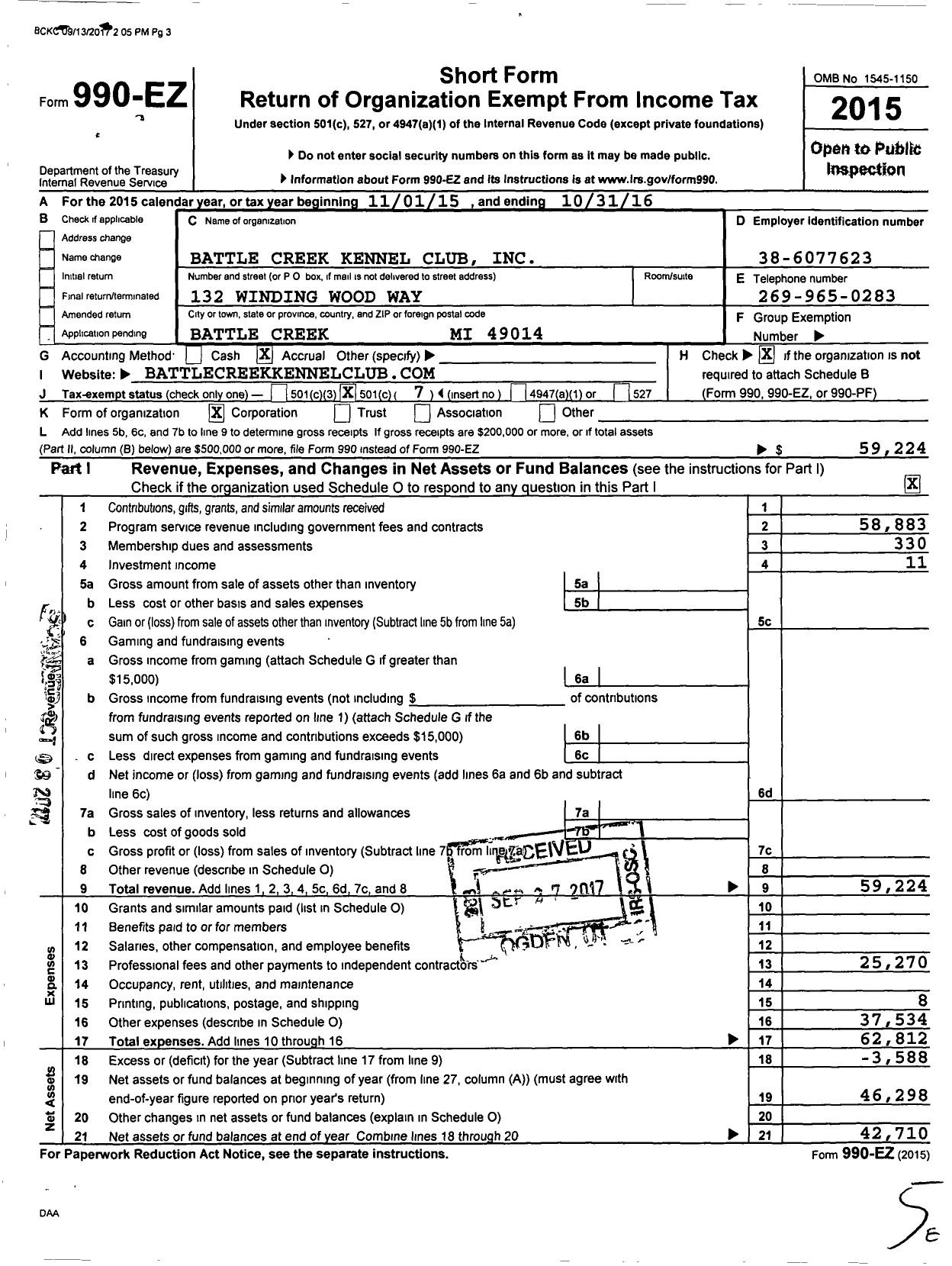 Image of first page of 2015 Form 990EO for Battle Creek Kennel Club