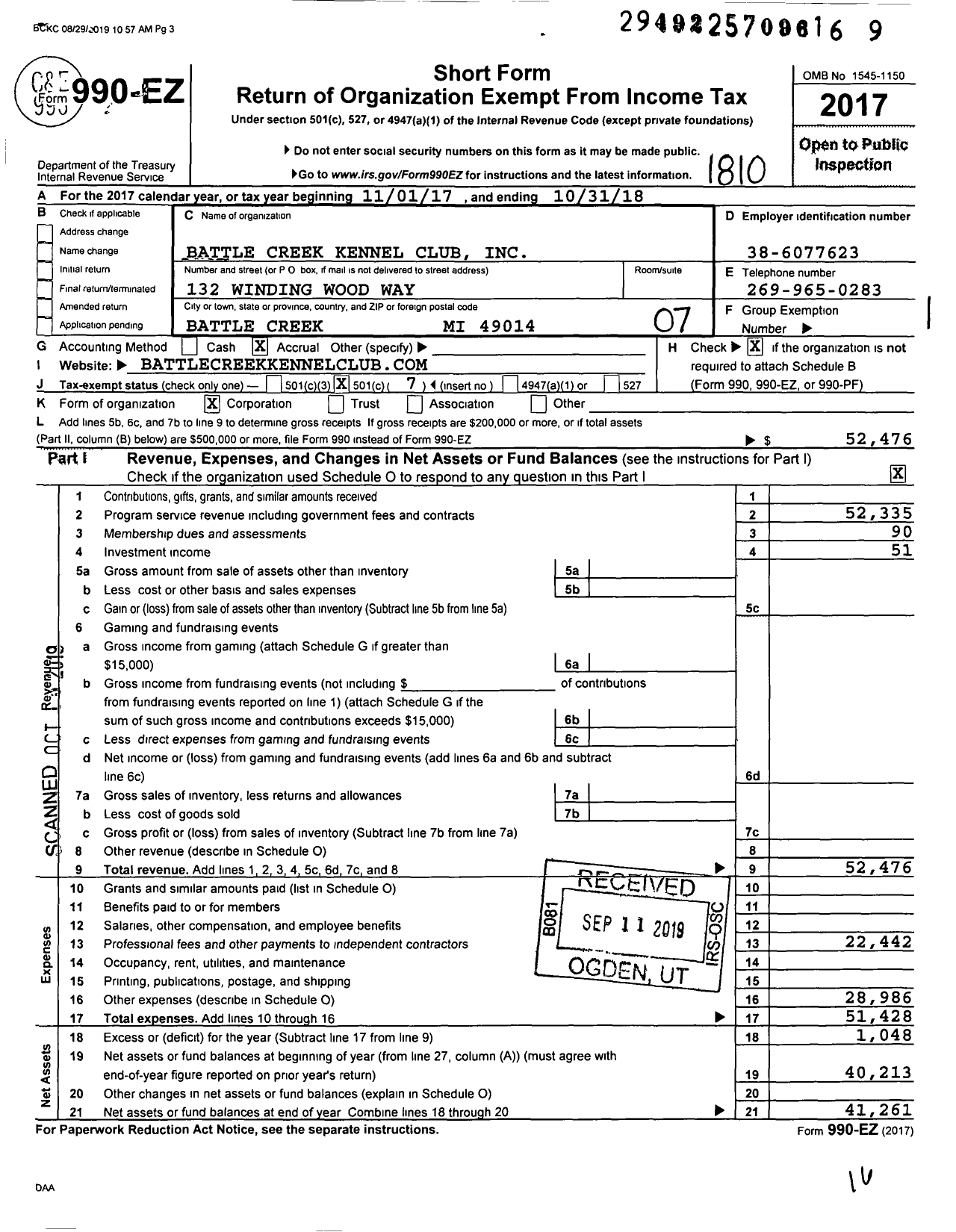 Image of first page of 2017 Form 990EO for Battle Creek Kennel Club