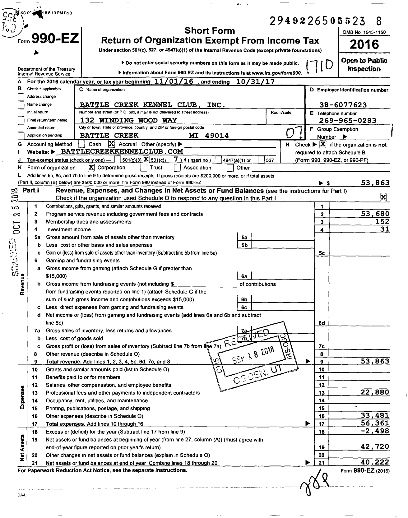 Image of first page of 2016 Form 990EO for Battle Creek Kennel Club