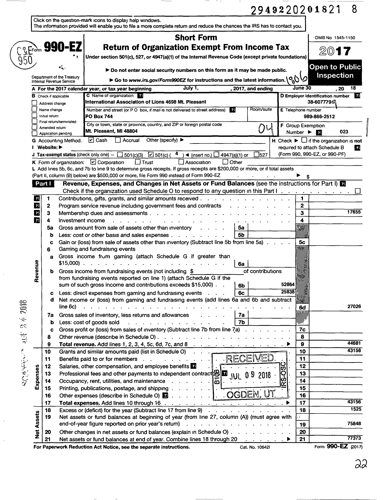 Image of first page of 2017 Form 990EO for Lions Clubs - 4698 Mount Pleasant