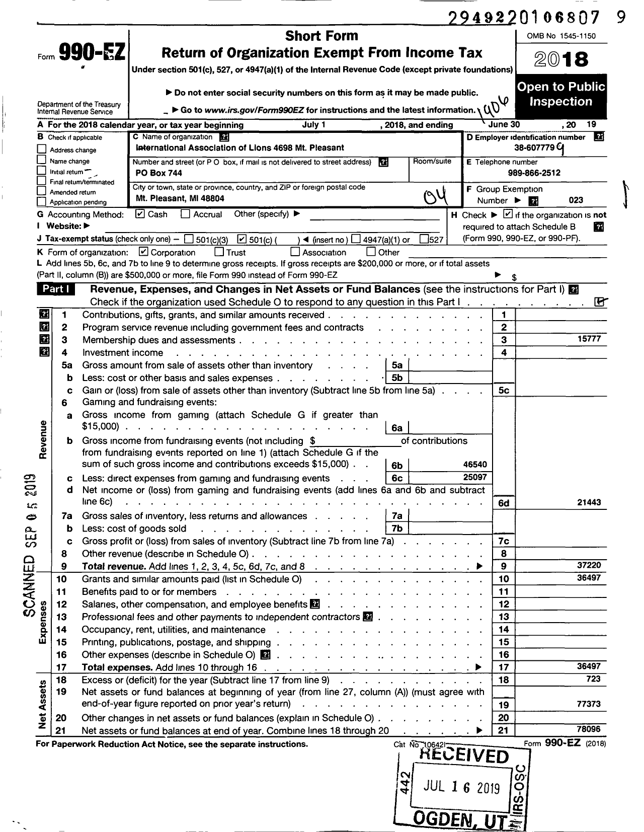 Image of first page of 2018 Form 990EO for Lions Clubs - 4698 Mount Pleasant