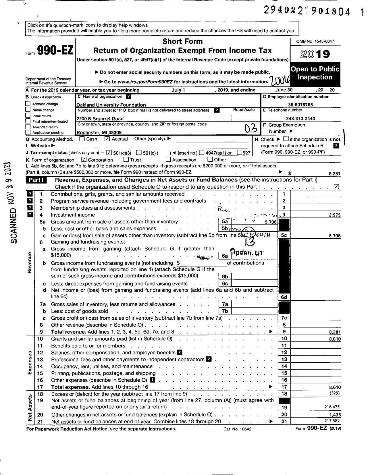 Image of first page of 2019 Form 990EZ for Oakland University Foundation