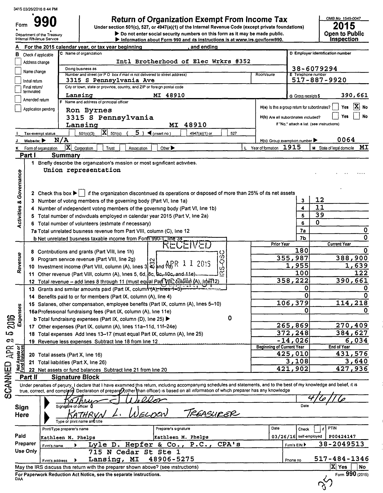Image of first page of 2015 Form 990O for International Brotherhood of Electrical Workers - 0352 Local Union