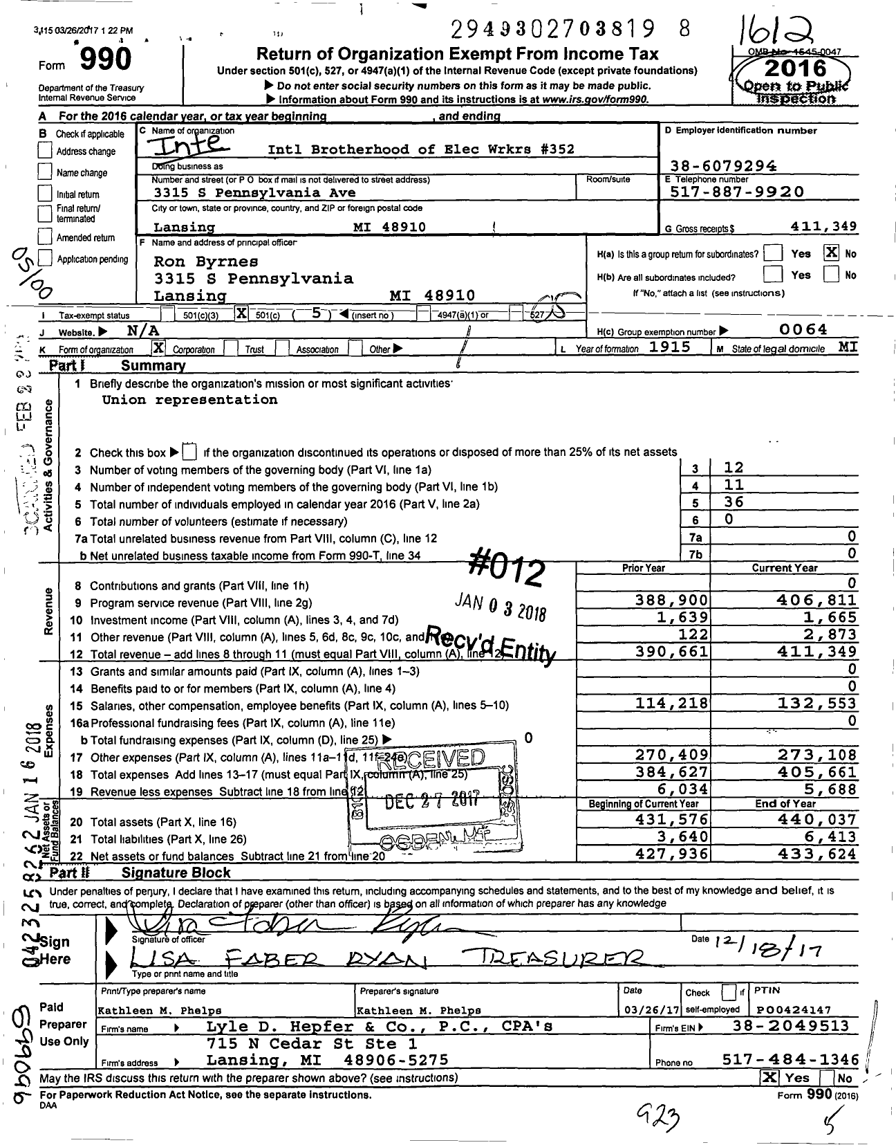 Image of first page of 2016 Form 990O for International Brotherhood of Electrical Workers - 0352 Local Union