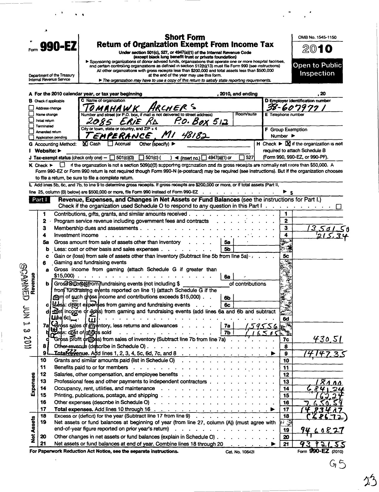 Image of first page of 2010 Form 990EO for Tomahawk Archers