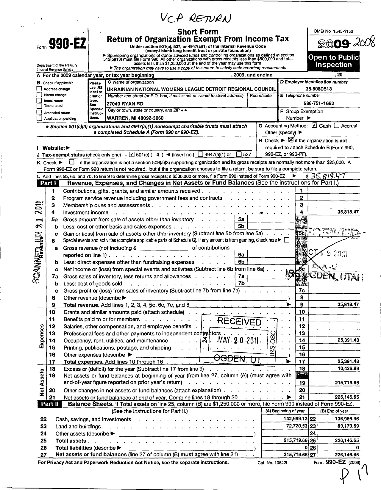 Image of first page of 2008 Form 990EO for Ukrainian National Womens League of America / Detroit Regional Council