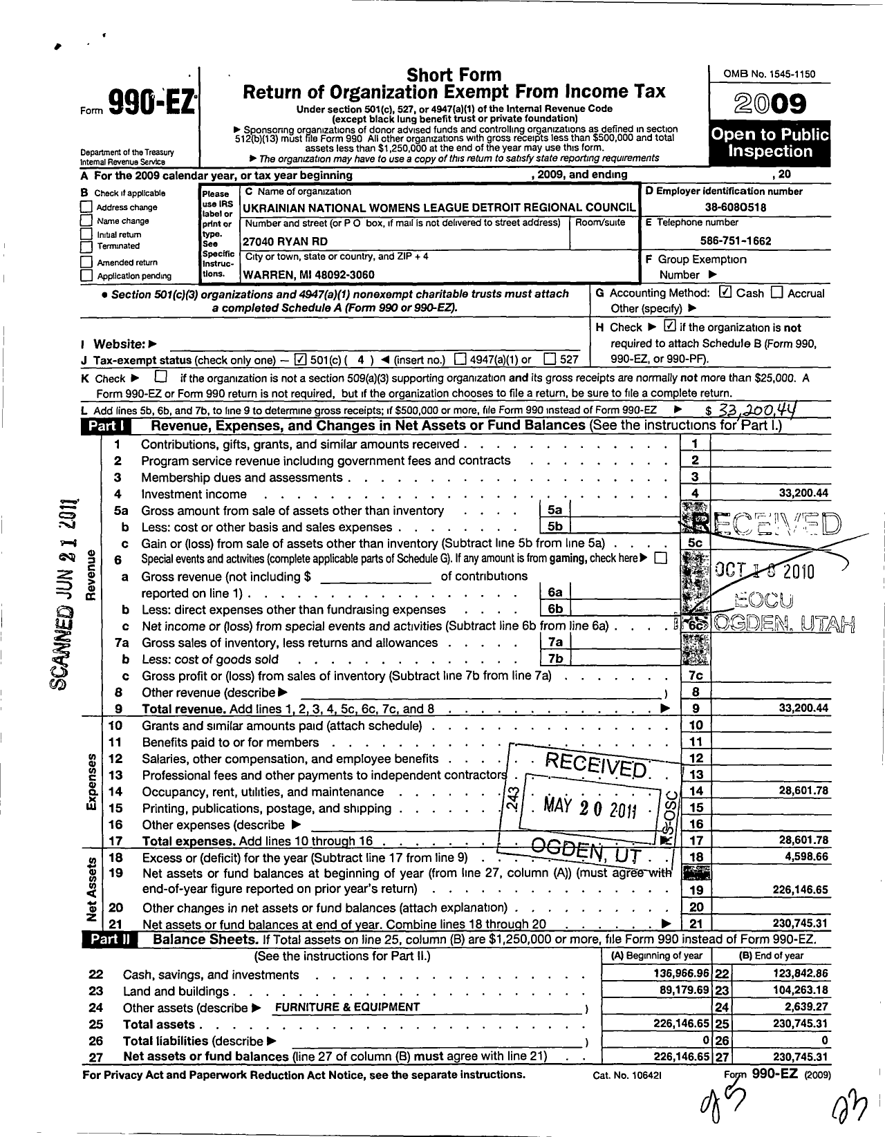 Image of first page of 2009 Form 990EO for Ukrainian National Womens League of America / Detroit Regional Council