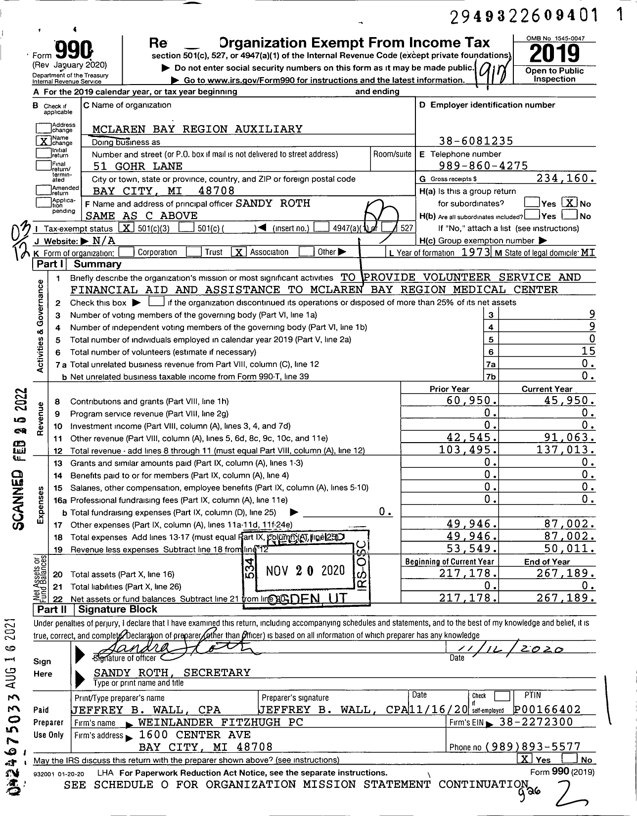 Image of first page of 2019 Form 990 for Mclaren Bay Region Auxiliary