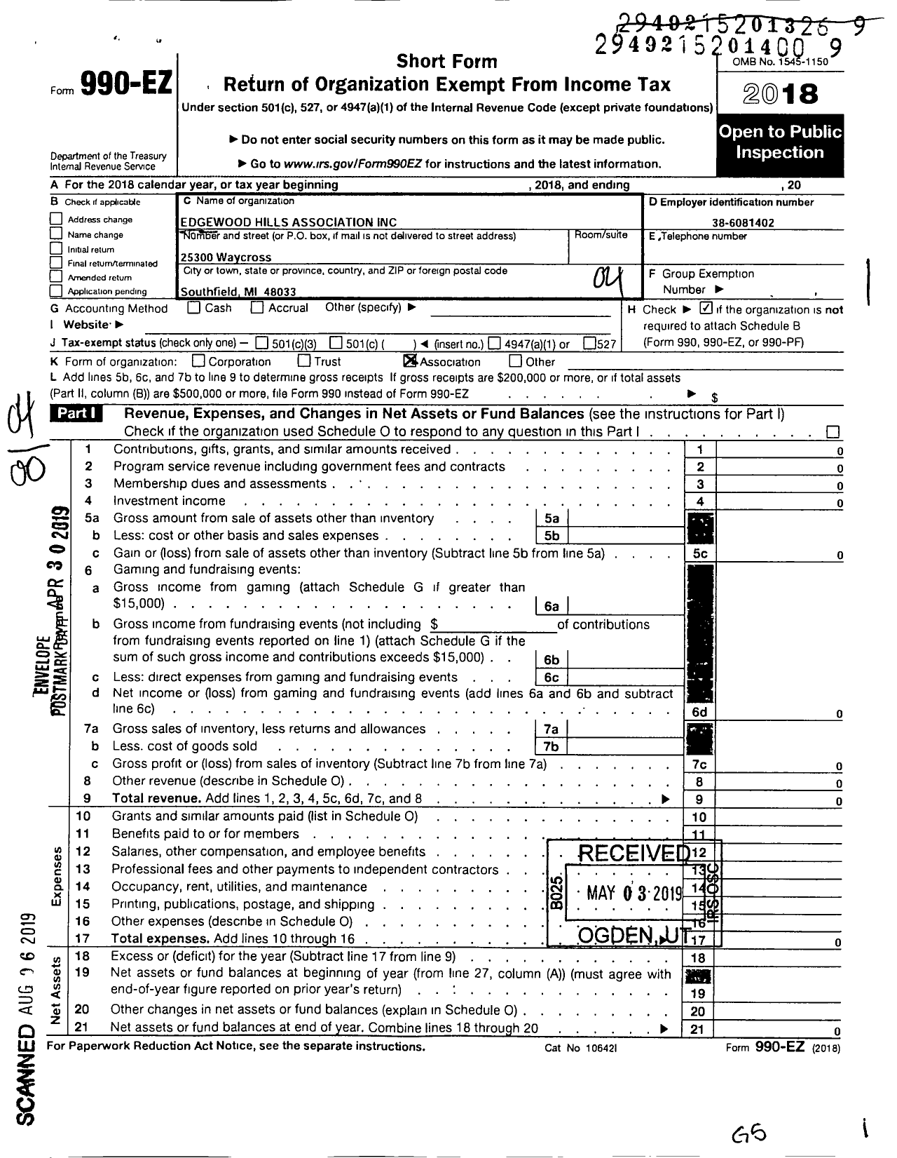 Image of first page of 2018 Form 990EO for Edgewood Hills Association