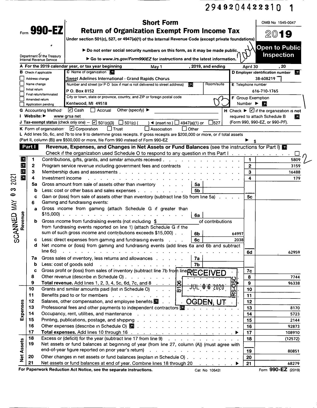 Image of first page of 2019 Form 990EZ for SWEET ADELINES INTERNATIONAL - 110058 Grand Rapids