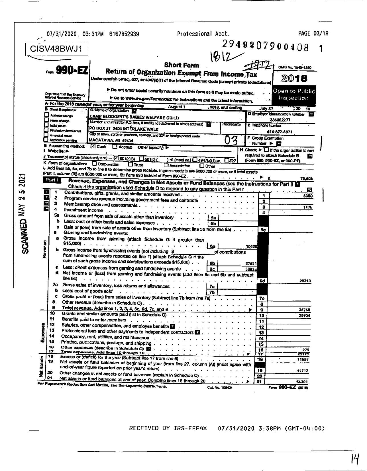 Image of first page of 2018 Form 990EZ for Camp Blodgett's Babies' Welfare Guild