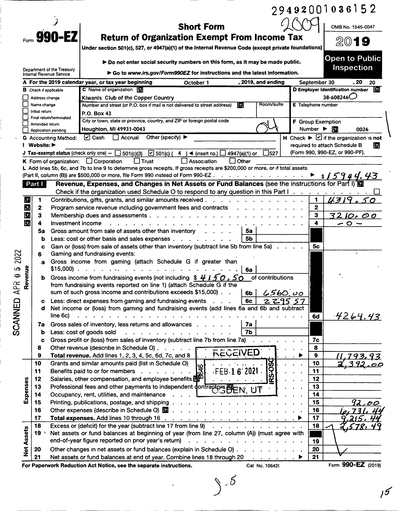 Image of first page of 2019 Form 990EO for Kiwanis International - K04907 Copper Country Houghton