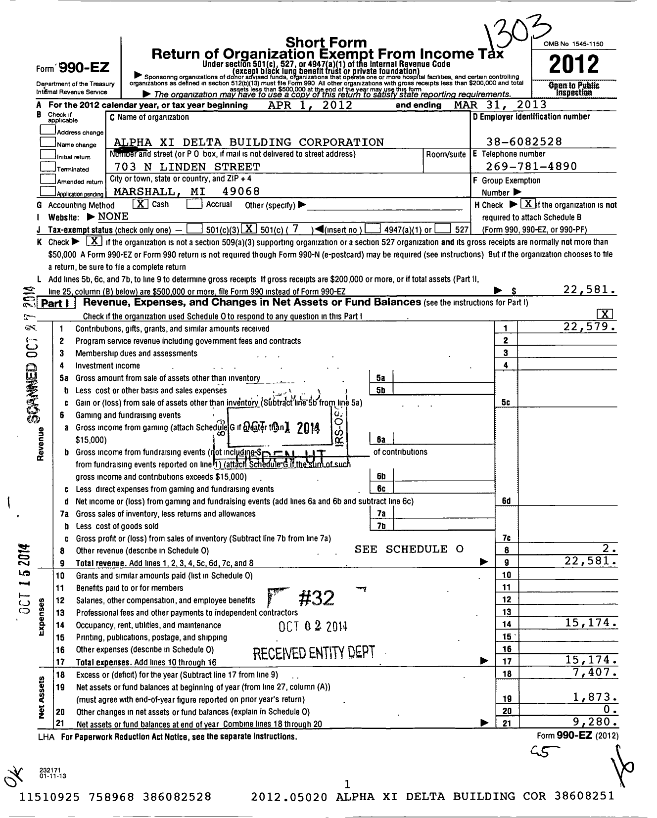 Image of first page of 2012 Form 990EO for Alpha Xi Delta Building Corporation