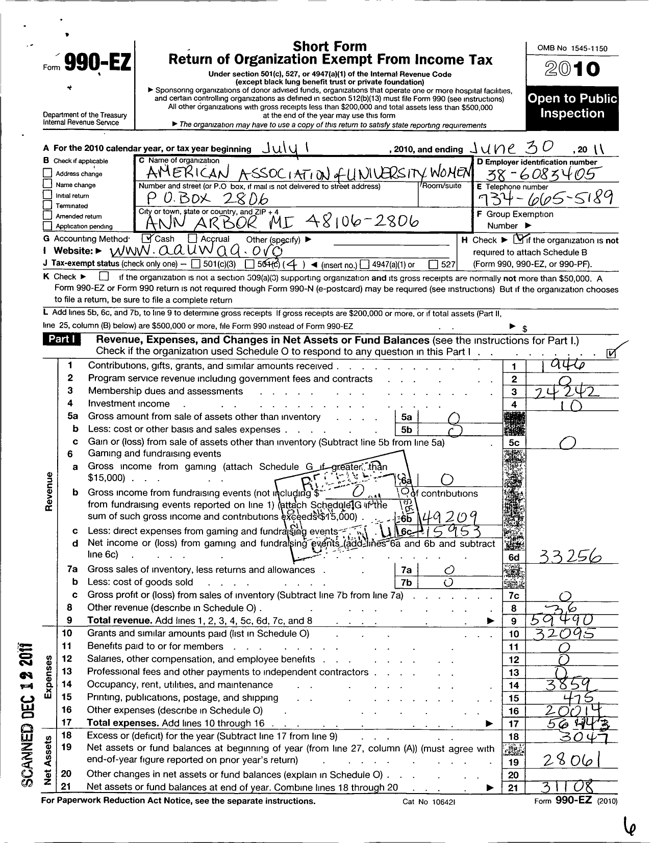 Image of first page of 2010 Form 990EO for American Association of University Women / Ann Arbor Inc