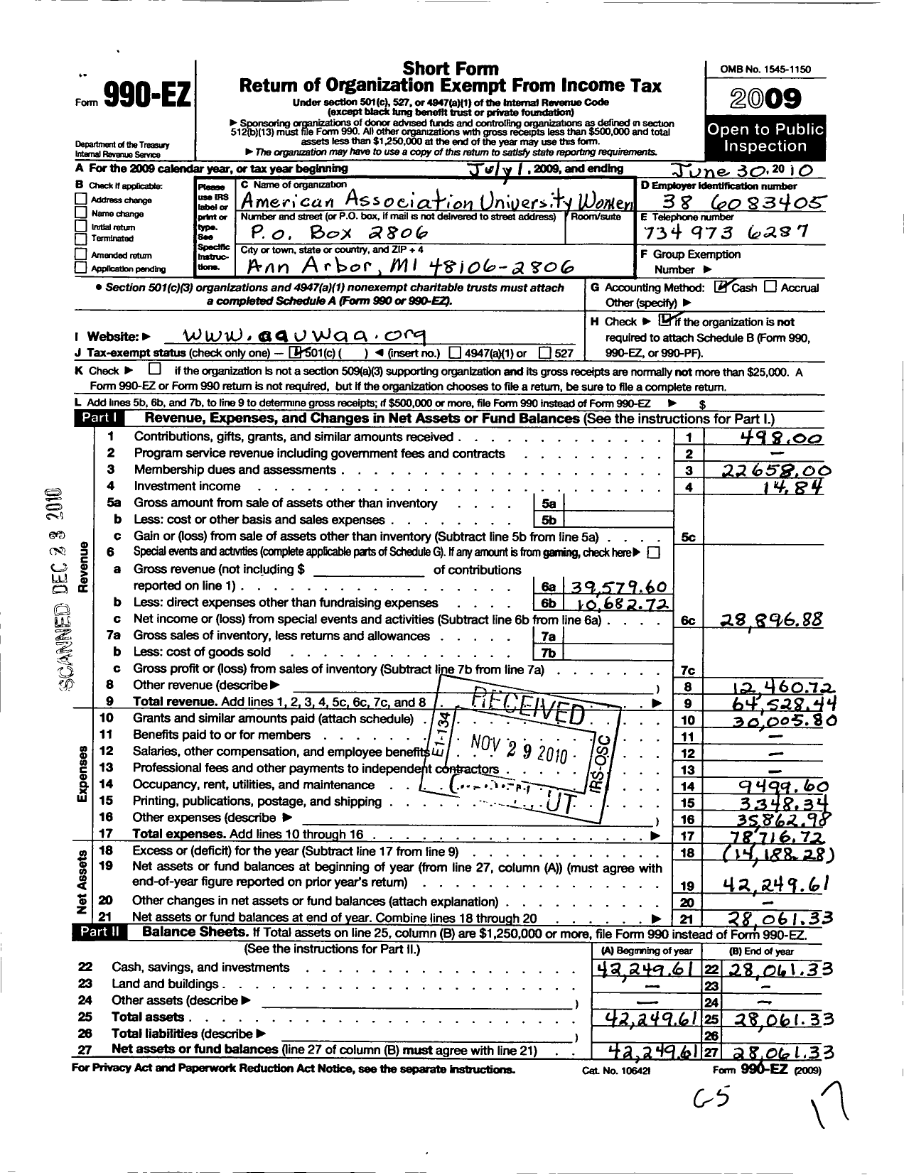 Image of first page of 2009 Form 990EO for American Association of University Women / Ann Arbor Inc