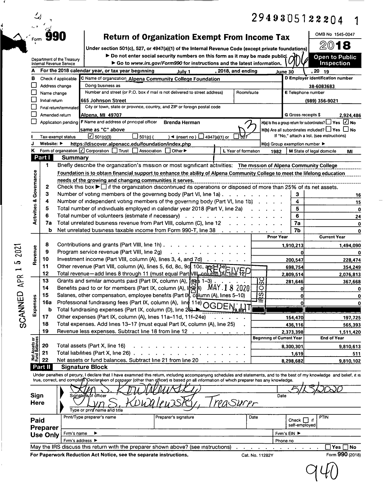 Image of first page of 2018 Form 990 for Alpena Community College Foundation