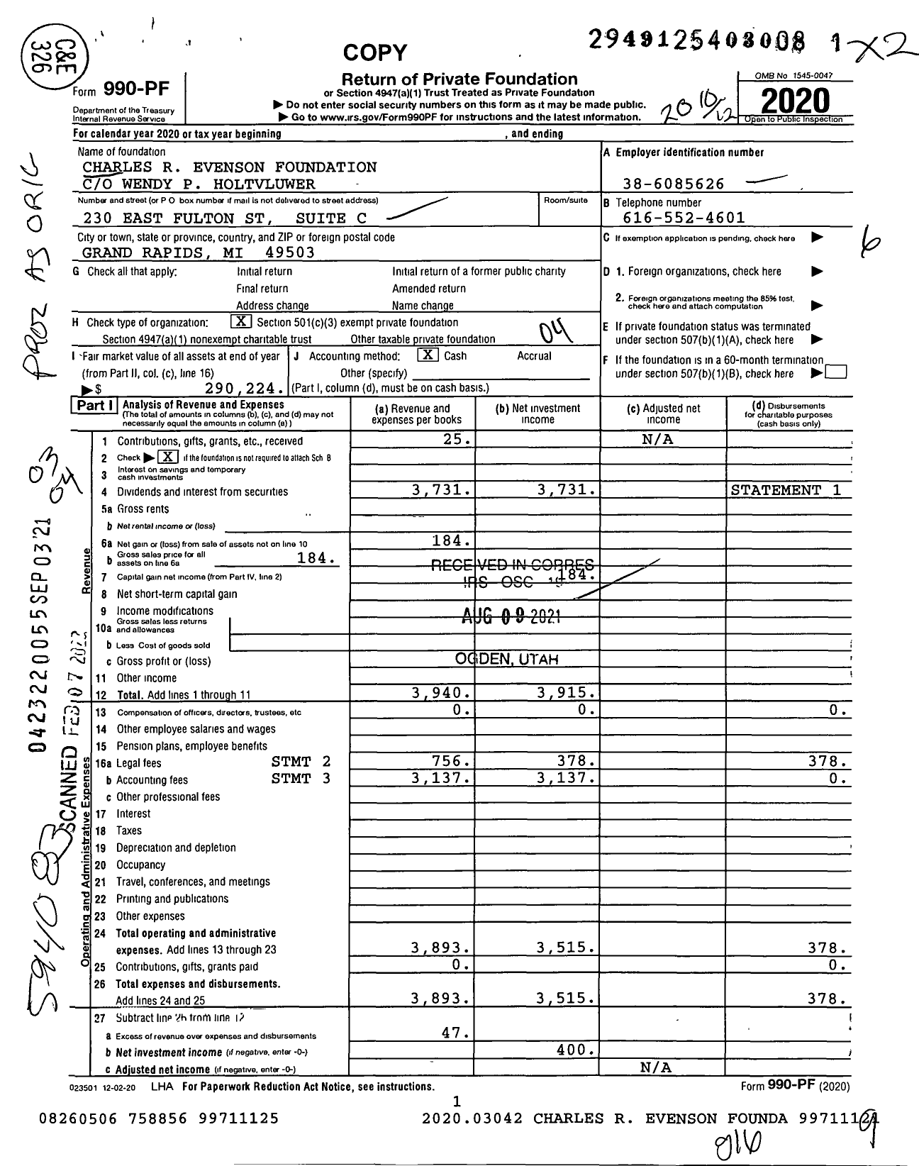 Image of first page of 2019 Form 990PF for Charles R Evenson Foundation