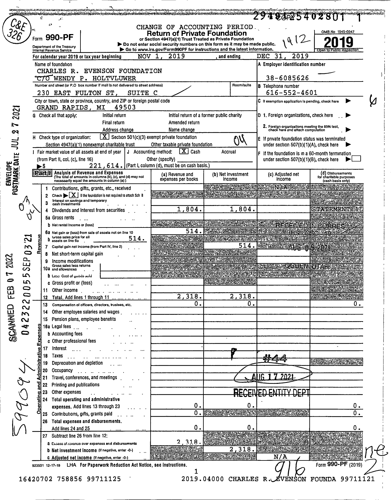 Image of first page of 2019 Form 990PF for Charles R Evenson Foundation