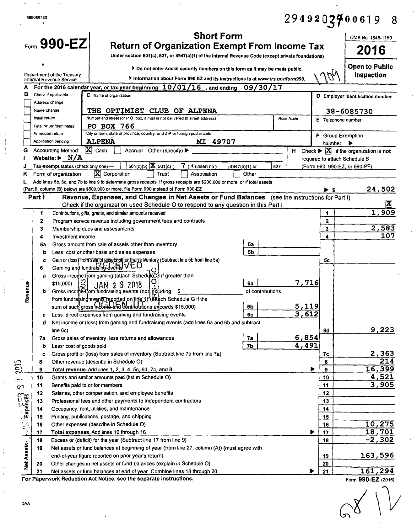 Image of first page of 2016 Form 990EO for Optimist International - 17010 Oc of Alpena Mi