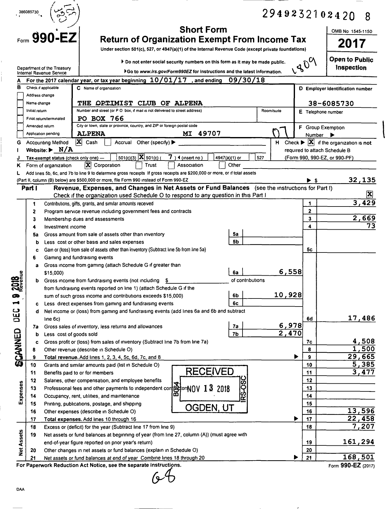 Image of first page of 2017 Form 990EO for Optimist International - 17010 Oc of Alpena Mi