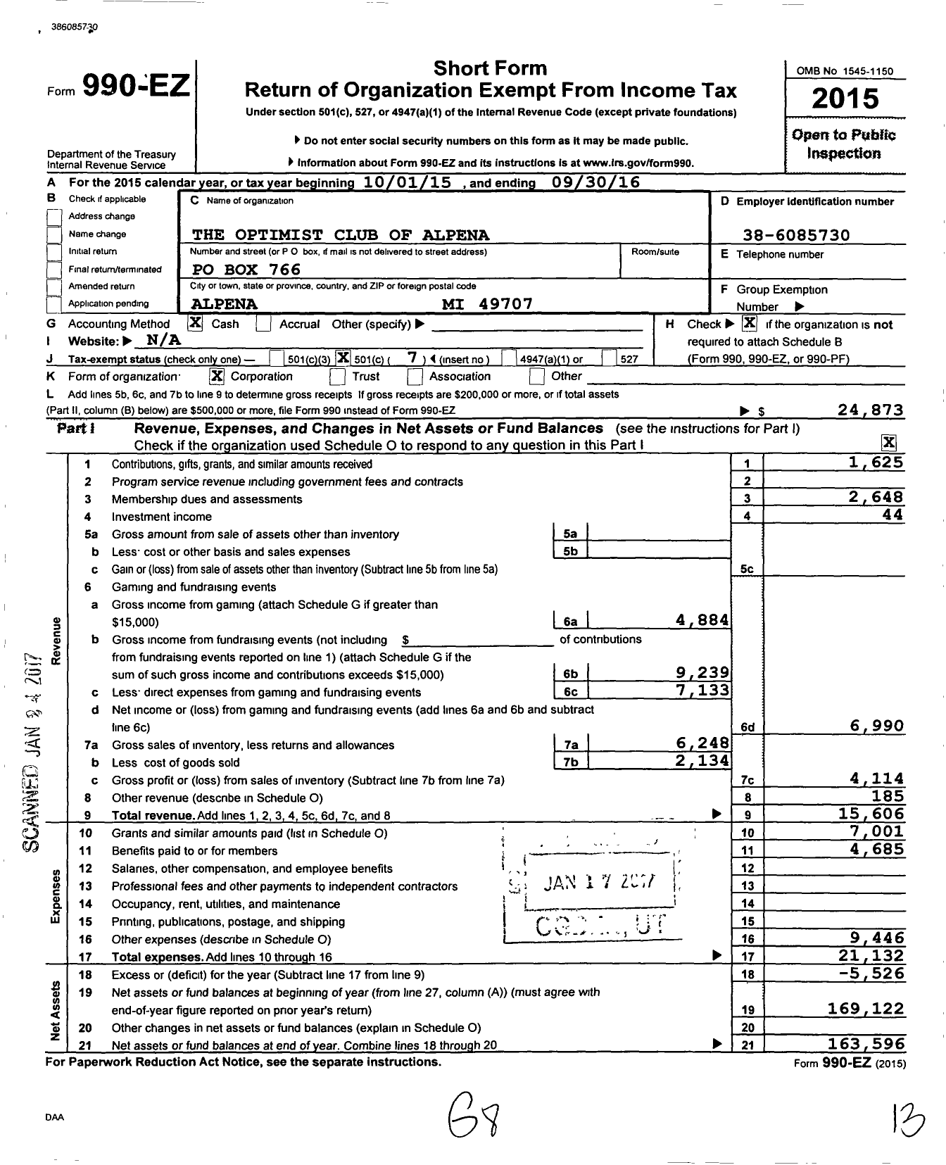 Image of first page of 2015 Form 990EO for Optimist International - 17010 Oc of Alpena Mi