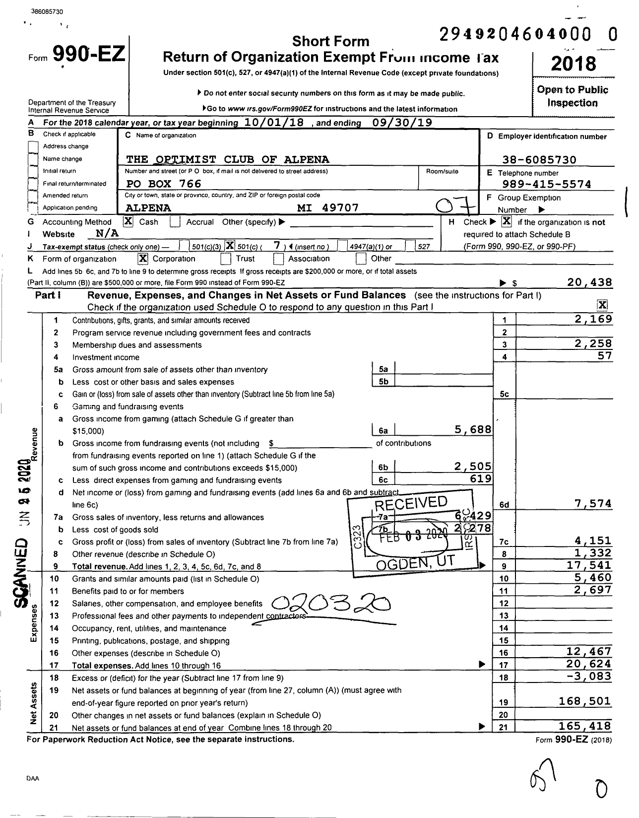 Image of first page of 2018 Form 990EO for Optimist International - 17010 Oc of Alpena Mi