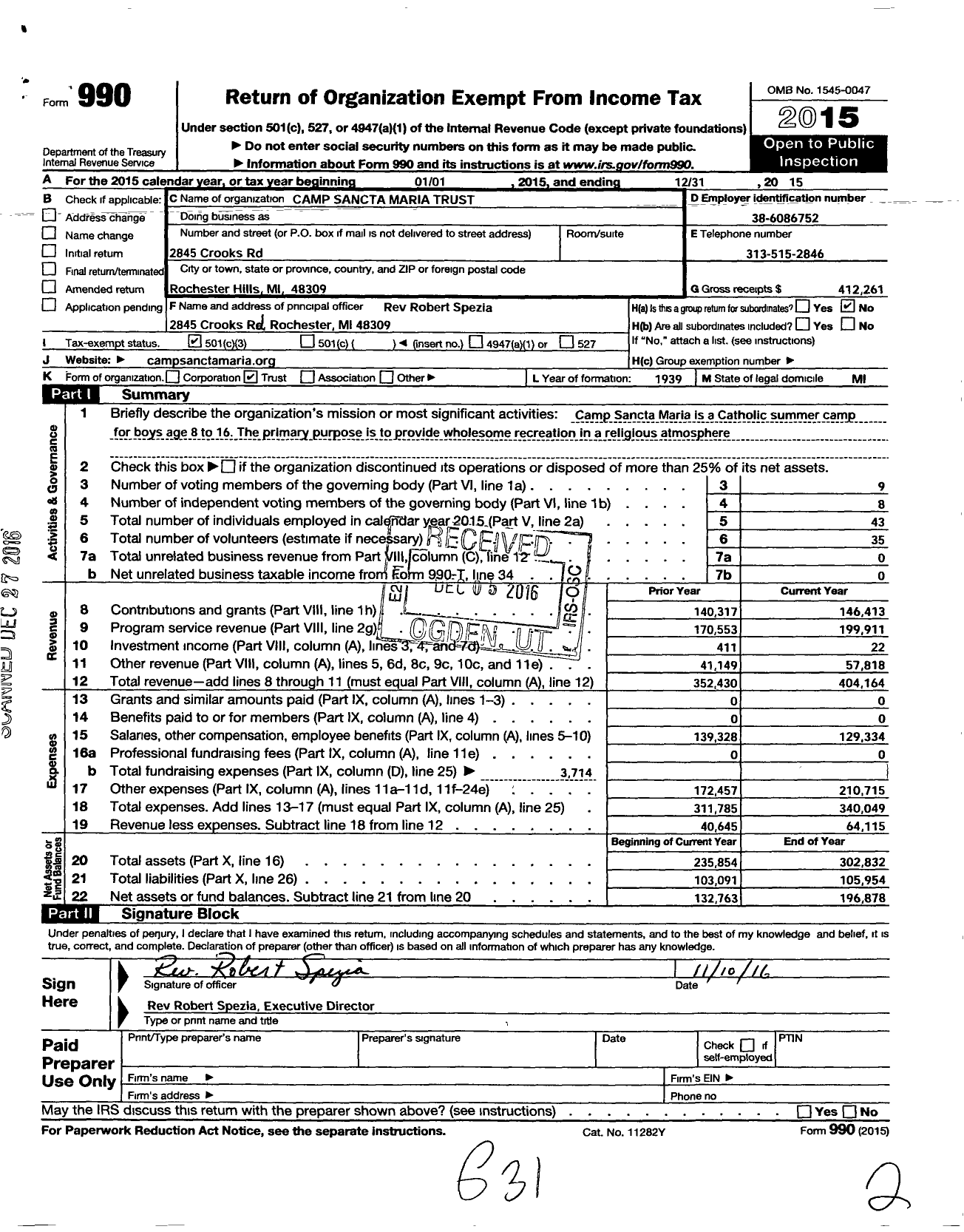 Image of first page of 2015 Form 990 for Camp Sancta Maria Trust