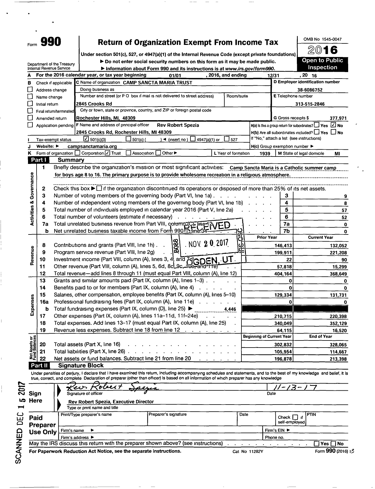 Image of first page of 2016 Form 990 for Camp Sancta Maria Trust