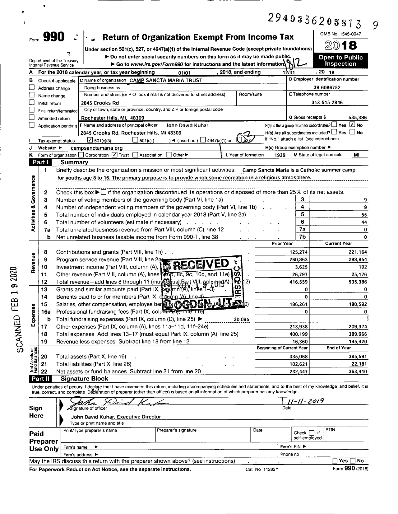 Image of first page of 2018 Form 990 for Camp Sancta Maria Trust