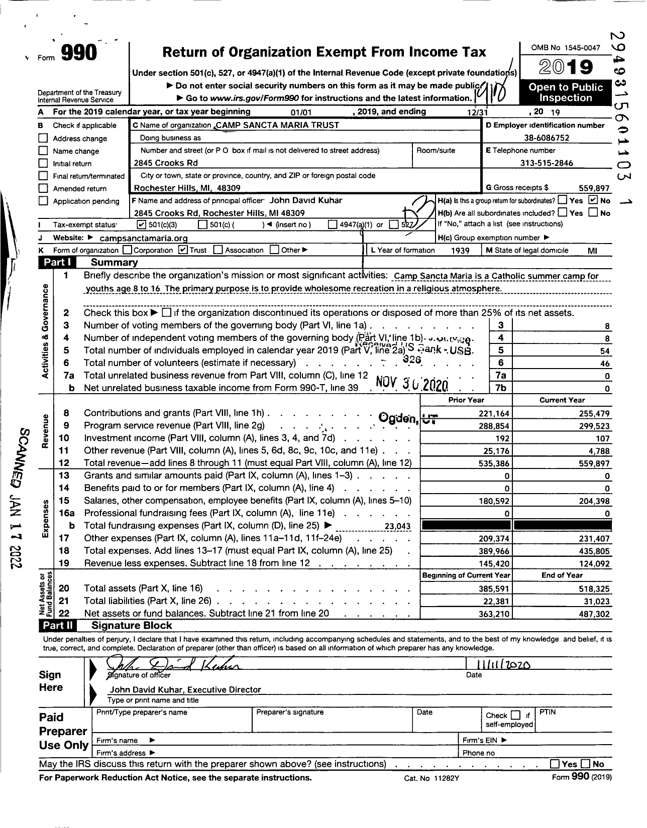 Image of first page of 2019 Form 990 for Camp Sancta Maria Trust