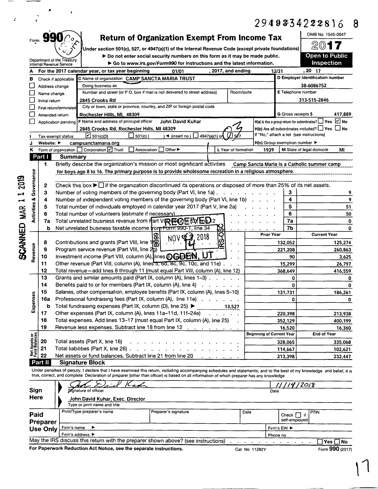 Image of first page of 2017 Form 990 for Camp Sancta Maria Trust