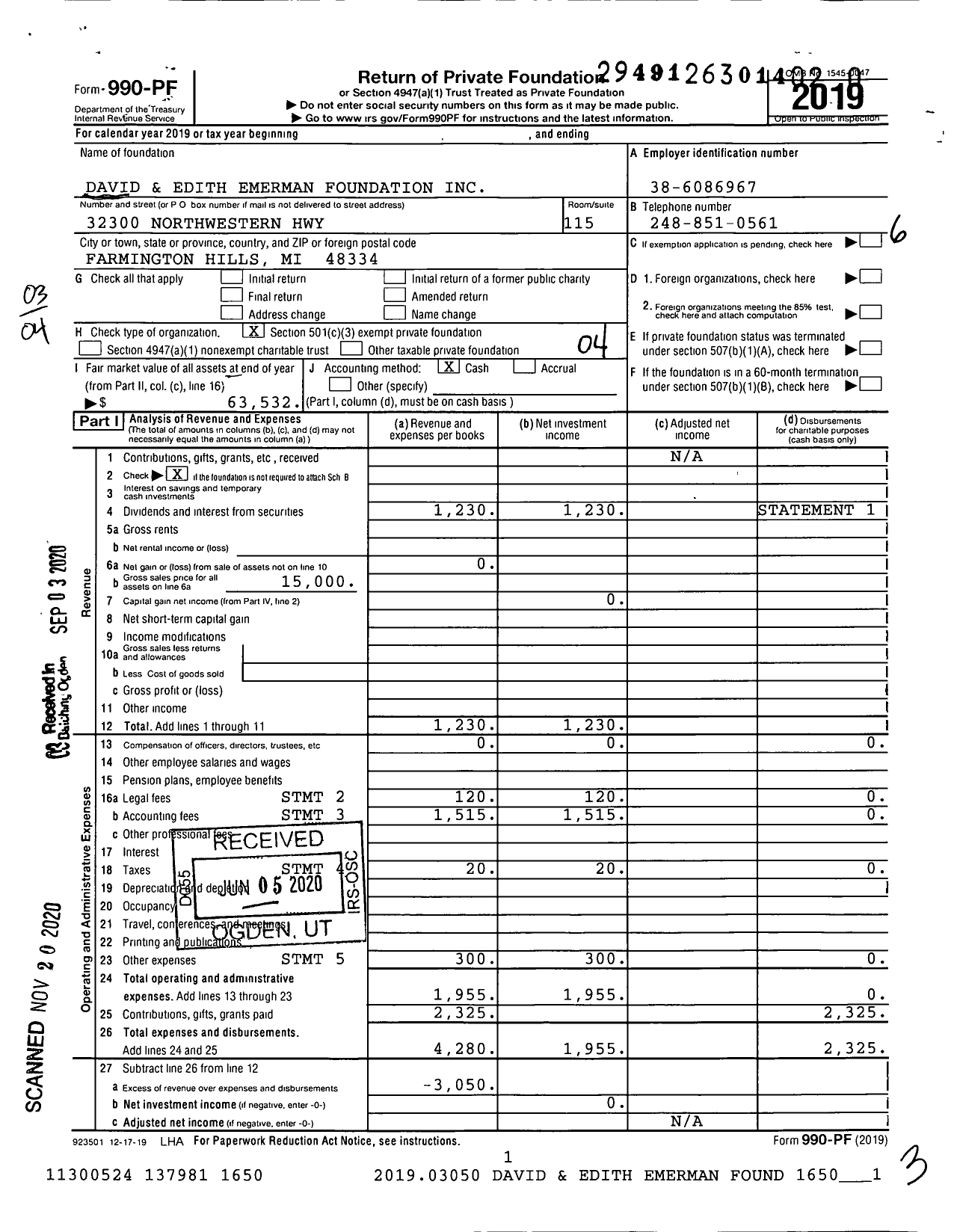 Image of first page of 2019 Form 990PF for David and Edith Emerman Foundation