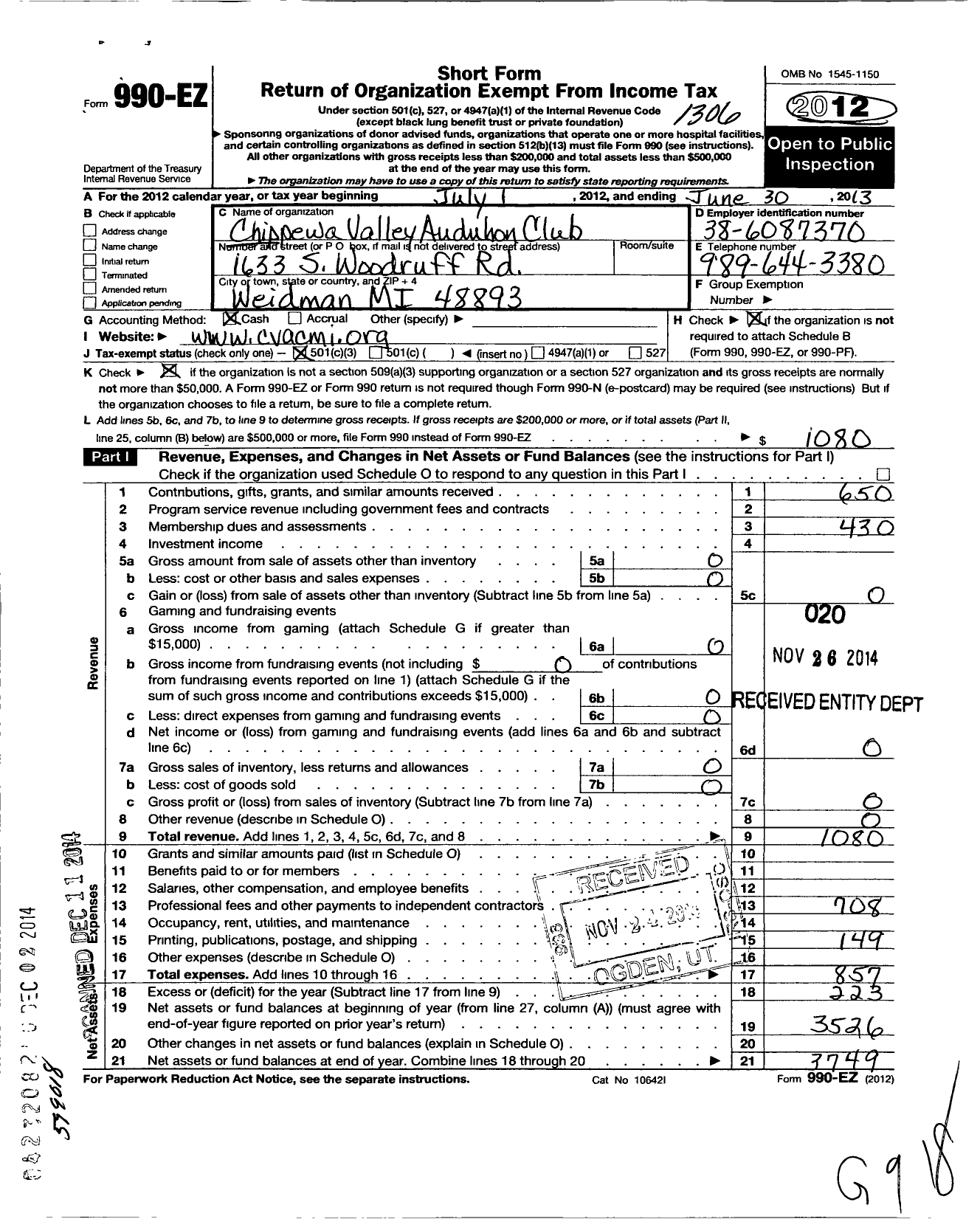 Image of first page of 2012 Form 990EZ for Chippewa Valley Audubon Club