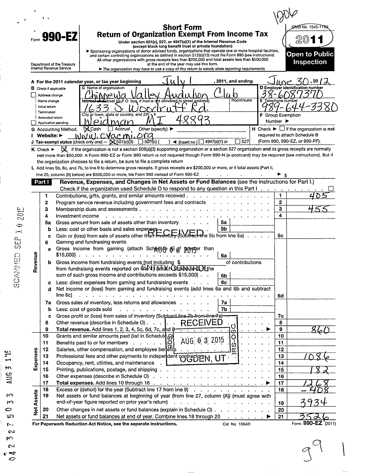 Image of first page of 2011 Form 990EZ for Chippewa Valley Audubon Club