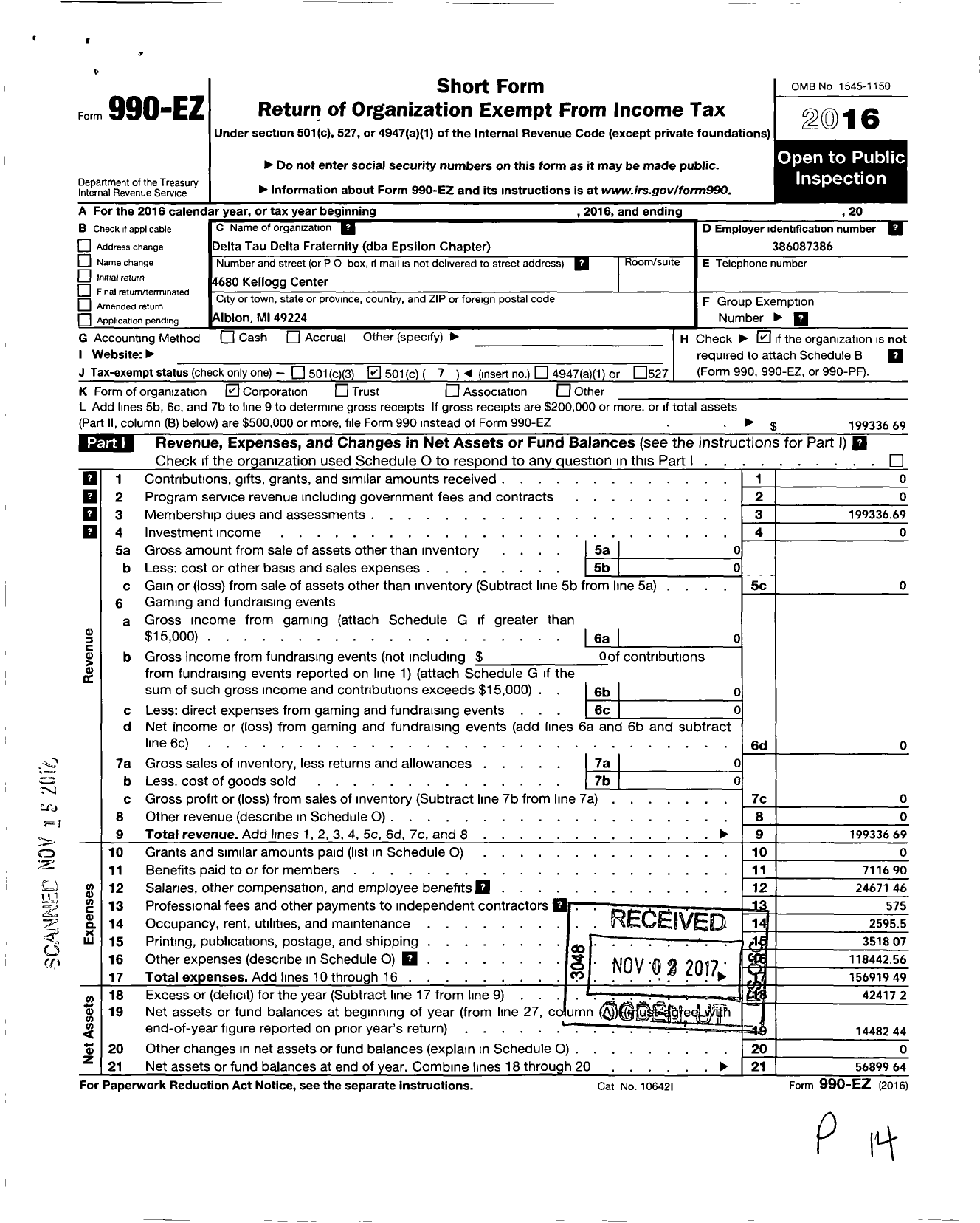 Image of first page of 2016 Form 990EO for Delta Tau Delta Fraternity - Epsilon Chapter