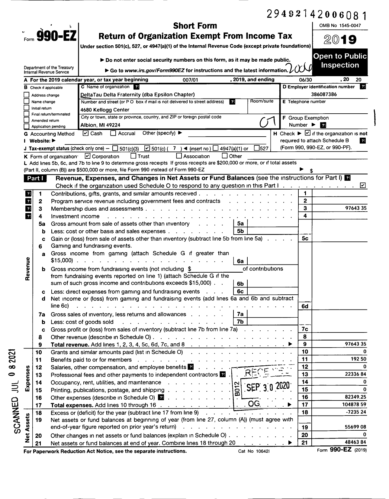 Image of first page of 2019 Form 990EO for Delta Tau Delta Fraternity - Epsilon Chapter